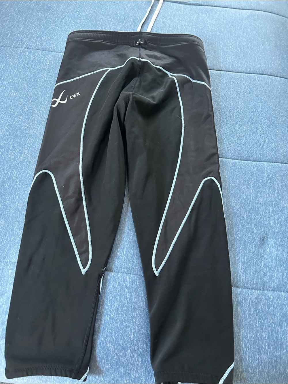 CW-X Black Crop Compression Tights with Light Blue Piping